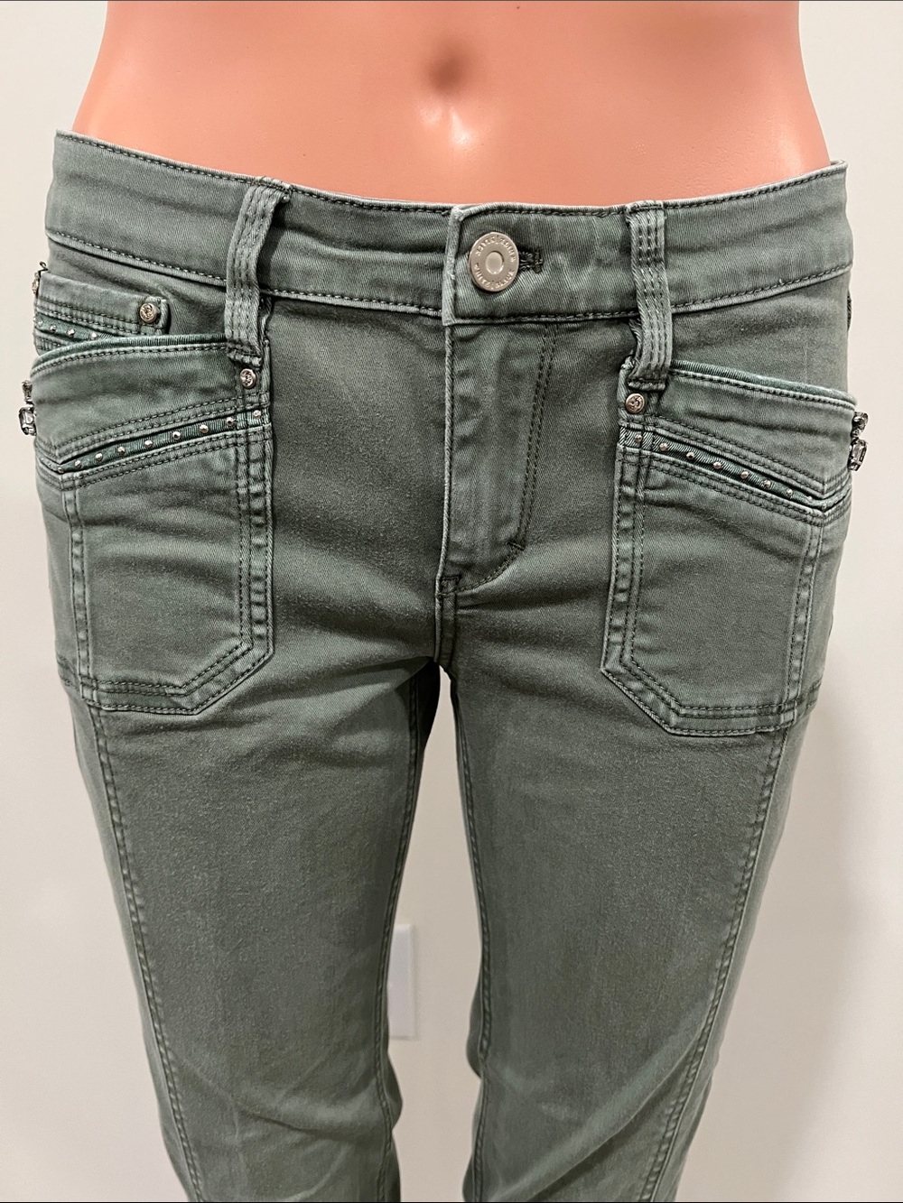 White House Black Market Olive Green Skinny Jeans Embellished Pockets Size 0
